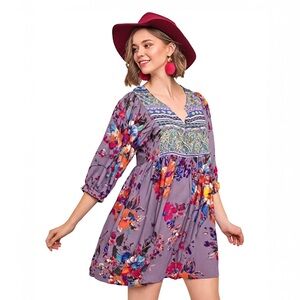 Umgee Women's Purple Floral 3/4 Slv Peasant Mini Tunic Dress or Blouse Size M